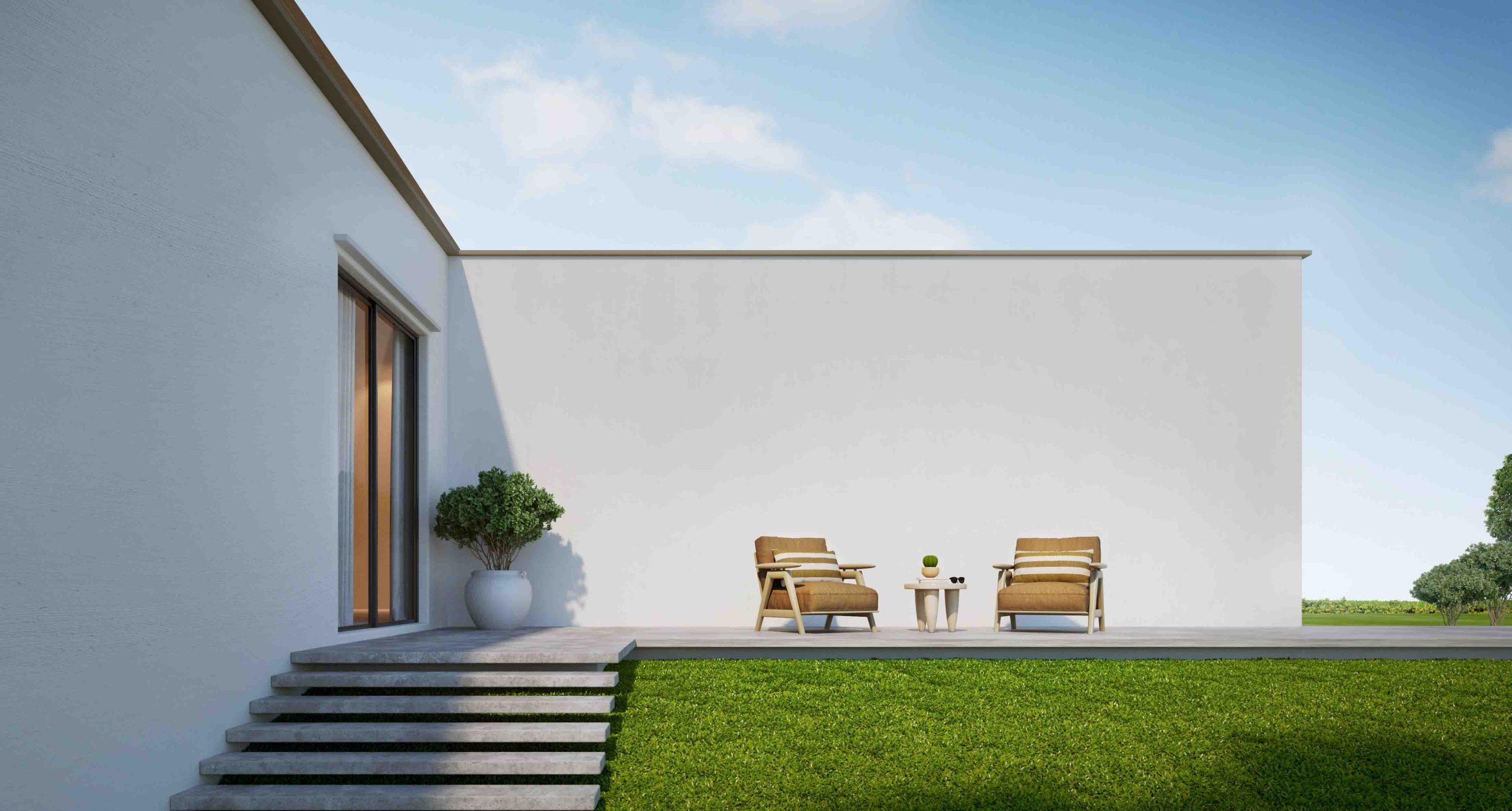 House,Living,Terrace,With,Concrete,Wall,Background,And,Armchairs.3d,Rendering