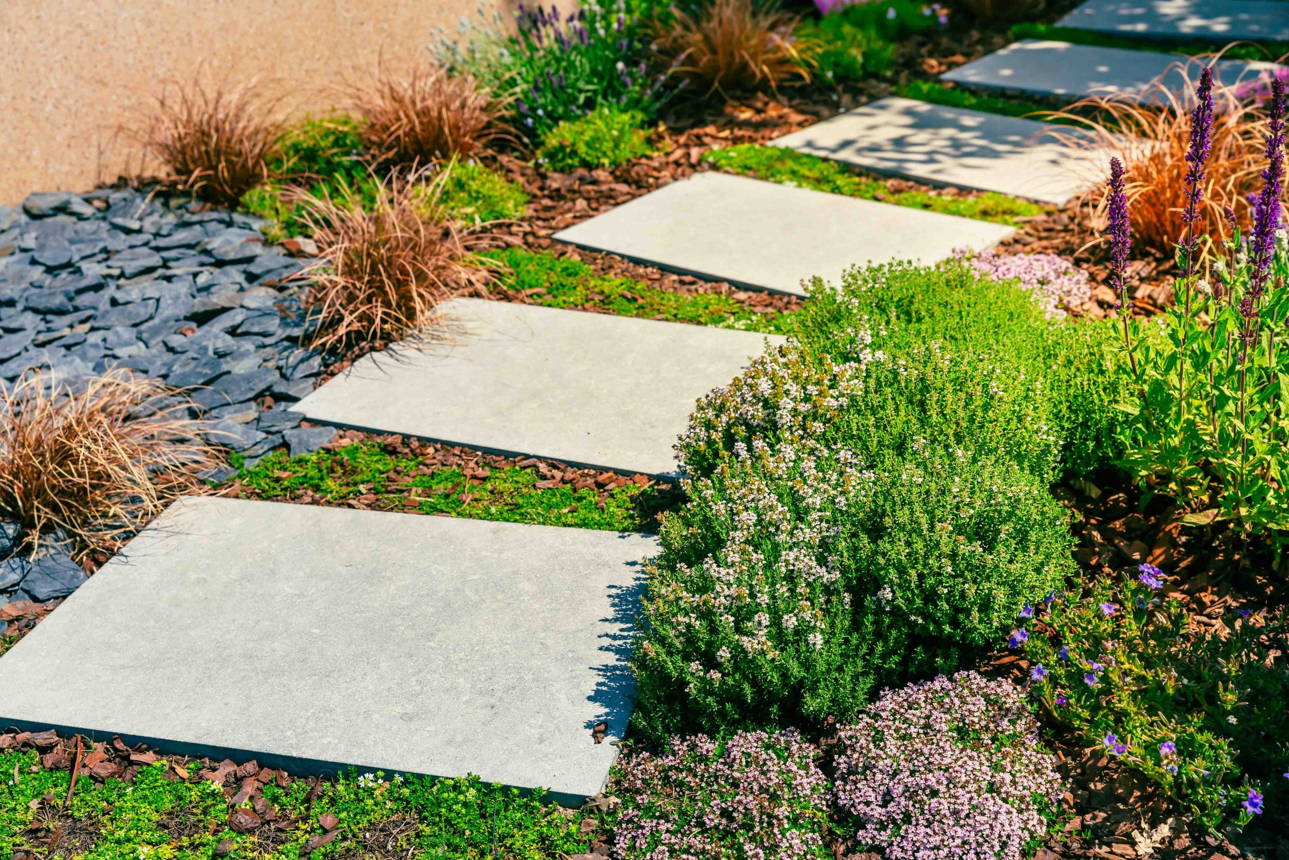 Detail,Of,Garden,Path,With,Stone,Slabs,With,Bark,Mulch